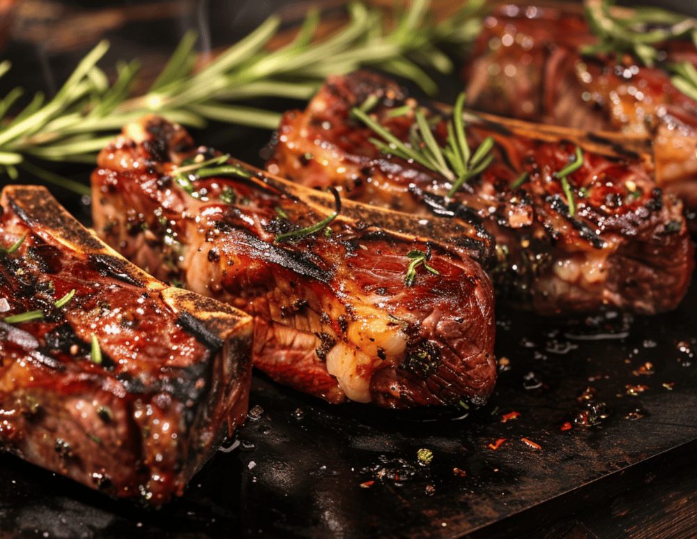 Grilled bone-in steaks with rosemary on a dark carving board.