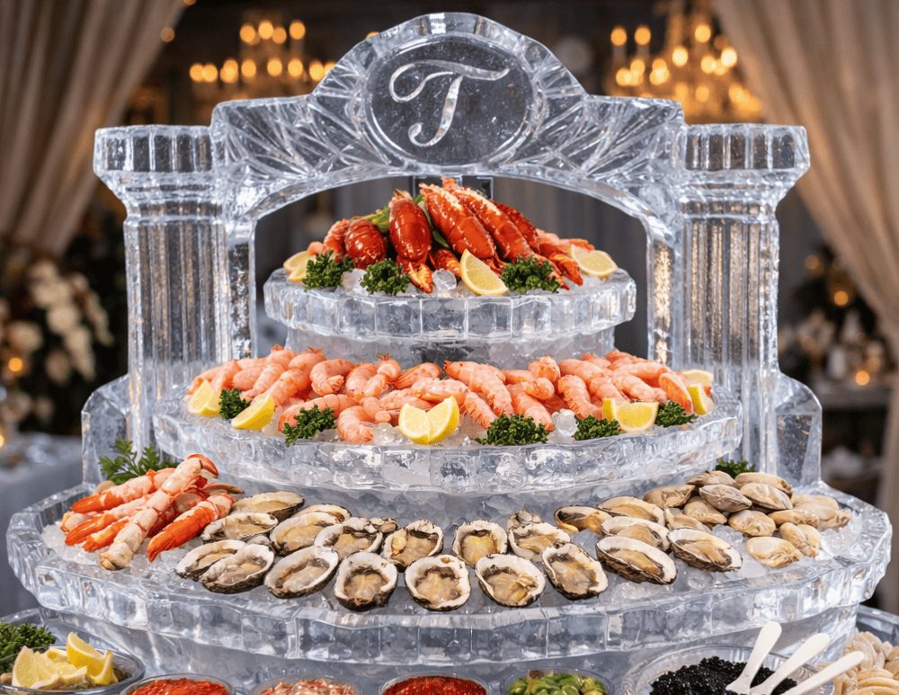 A tiered ice sculpture raw bar with oysters, shrimp and lobster on crushed ice.